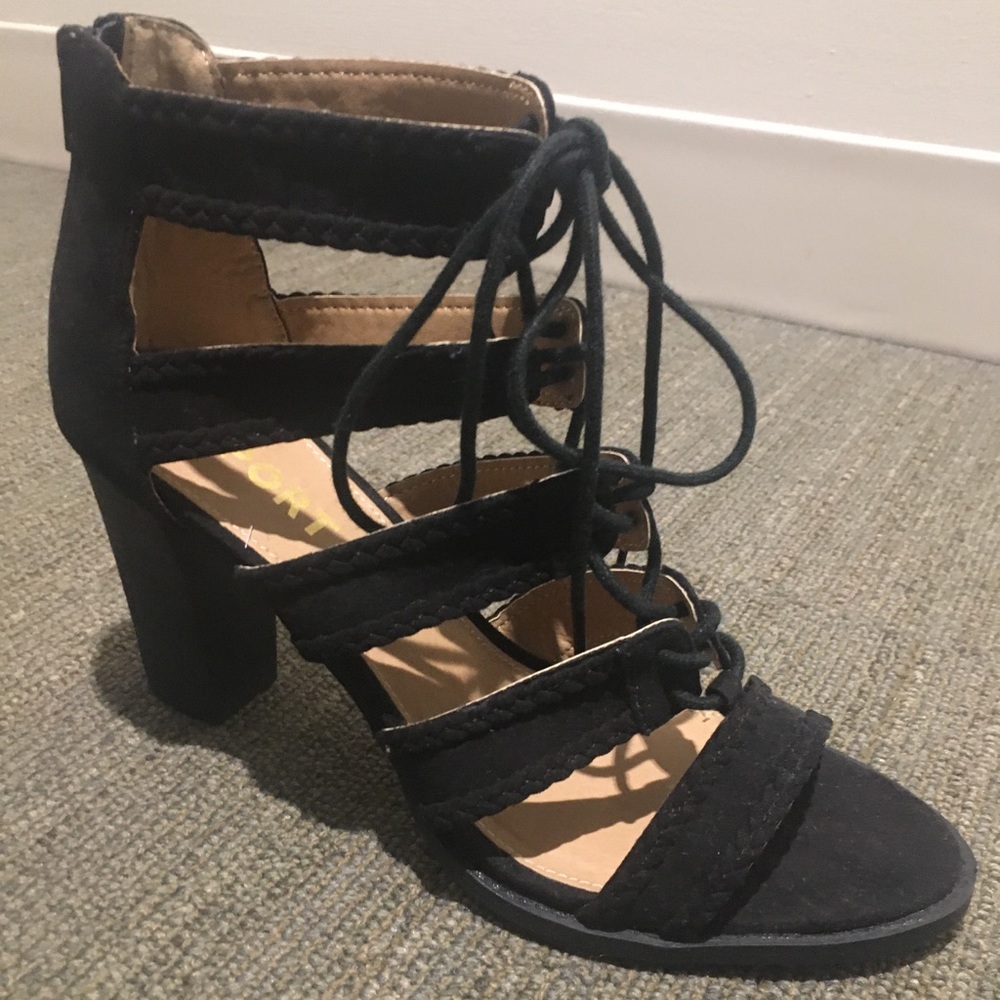 Report black 3.25 inch heel lace-up sandal